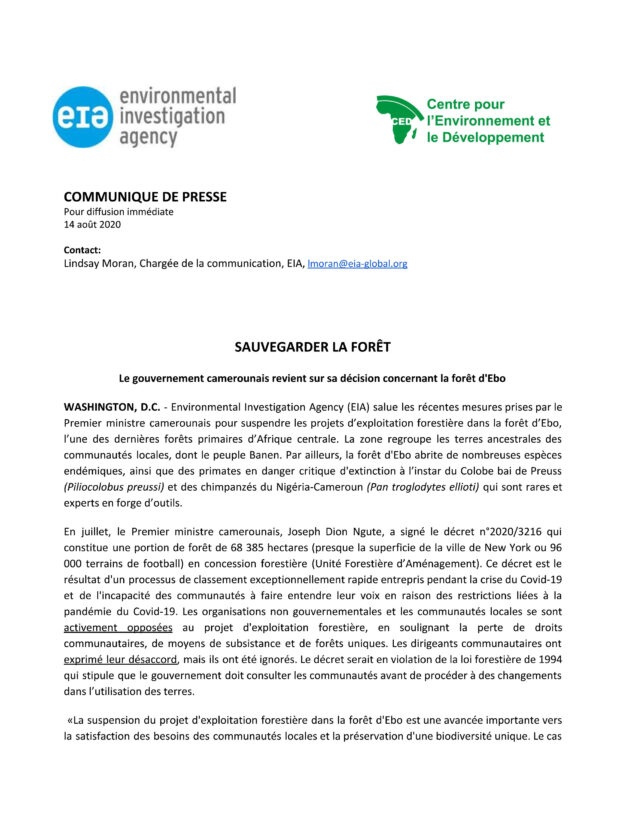 Le gouvernement Camerounais revient sur la décision concernant la forêt d’Ebo